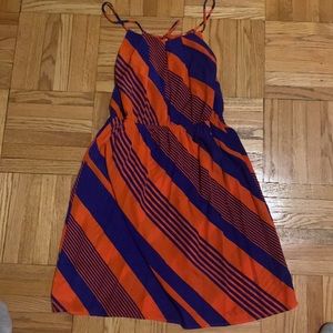Red and blue striped spaghetti strap elastic waist dress